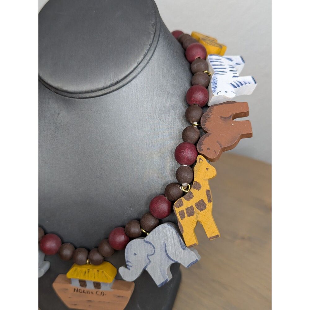 Vintage Noah's Ark Wood Bead Necklace Red Brown Animals 15" Teacher Preschool - Picture 4 of 6